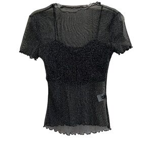 Black ruffle sparkly see through t shirt.